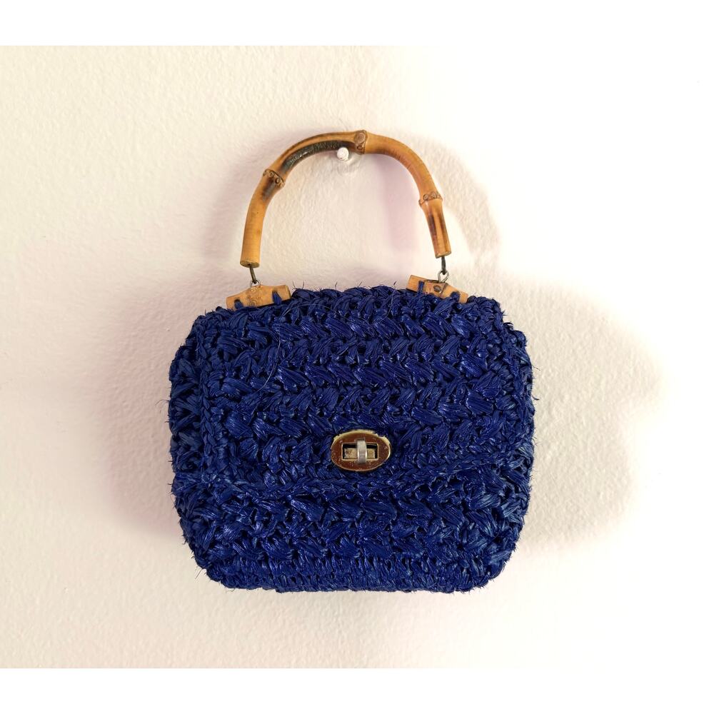 Vintage 1950s Micro Mini Cobalt Blue Woven Raffia Purse Miniature Bamboo Handle - Picture 2 of 6